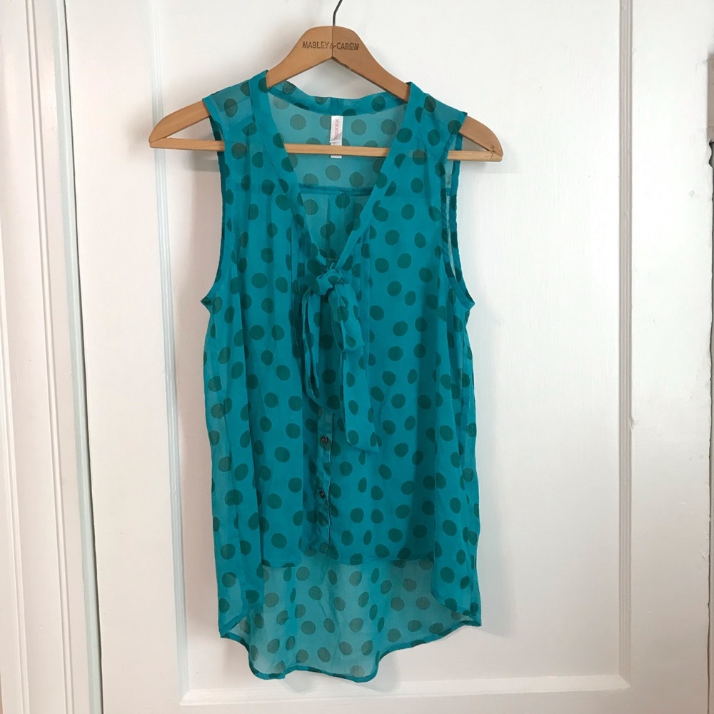 Sheer tank with bow, teal and green polka- dot
